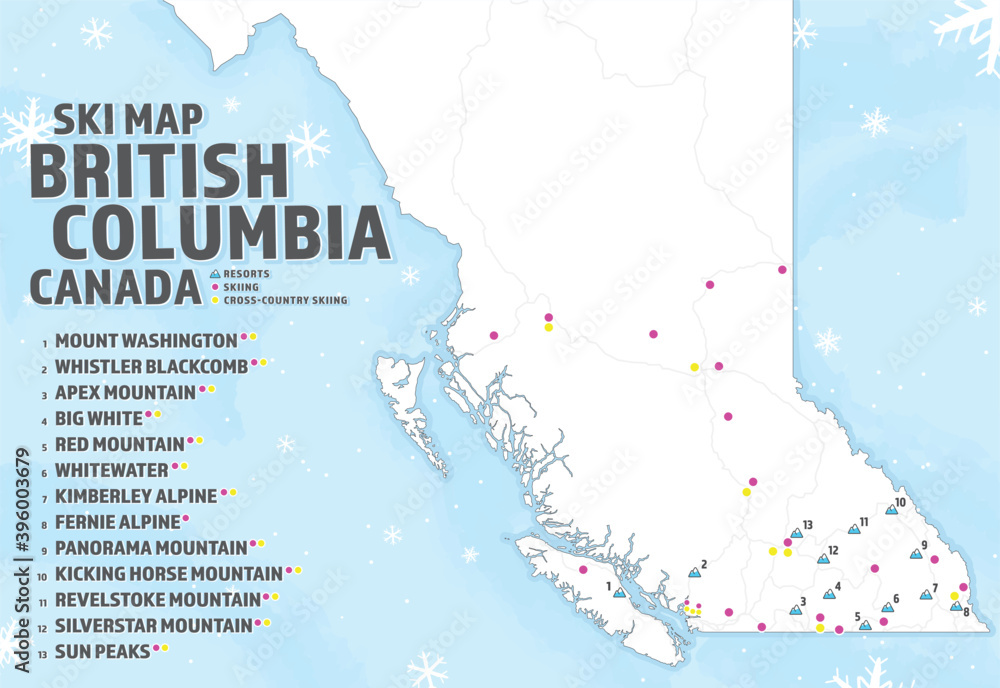 Canadian Ski Resorts Map Ski Map Of British Columbia Canada Bc Map With Icons For Resorts Skiing And Cross Country Skiing Places Winter Tourist Ski Guide Or Information Recreational Winter Sport Activities Stock Vector Adobe Stock