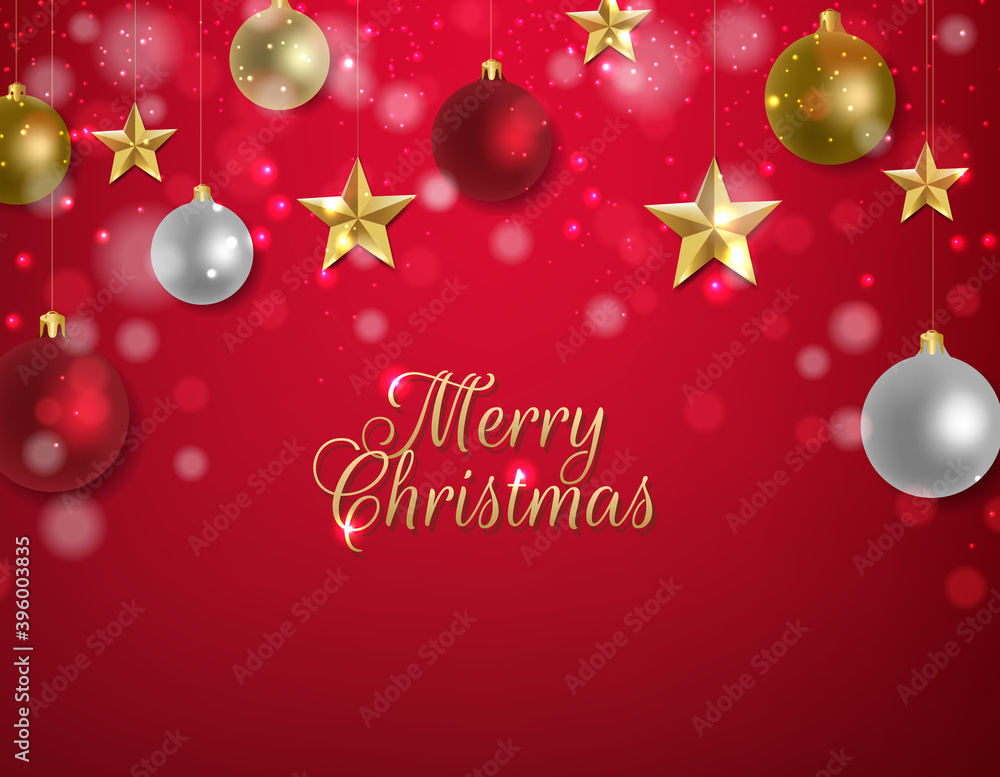 Xmas Postcard With Golden Stars And Red Background With Gradient Mesh, Vector Illustration