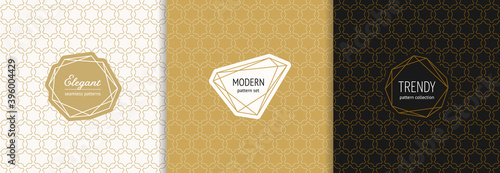 Vector golden seamless patterns set with modern minimal labels. Luxury linear gold backgrounds with thin lines, hexagonal grid, net. Oriental style textures collection. Subtle design for banner, card