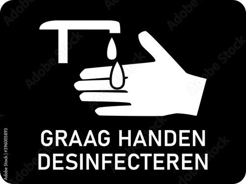 Graag Handen Desinfecteren ("Please Sanitize Your Hands" in Dutch) Horizontal Instruction Icon with an Aspect Ratio of 4:3 and Rounded Corners. Vector Image.