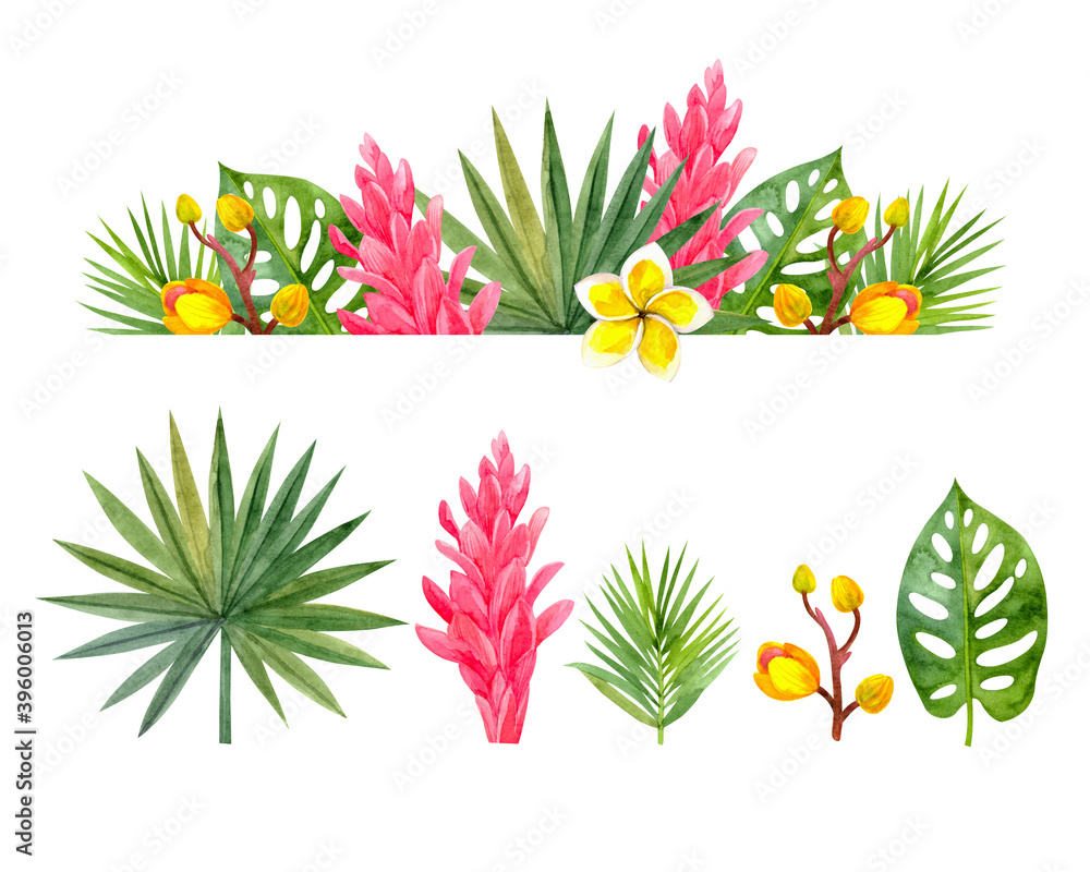Set of bright watercolor flowers and leaves. Border of watercolor leaves and flowers. For the design of postcards, stickers, posters and more.