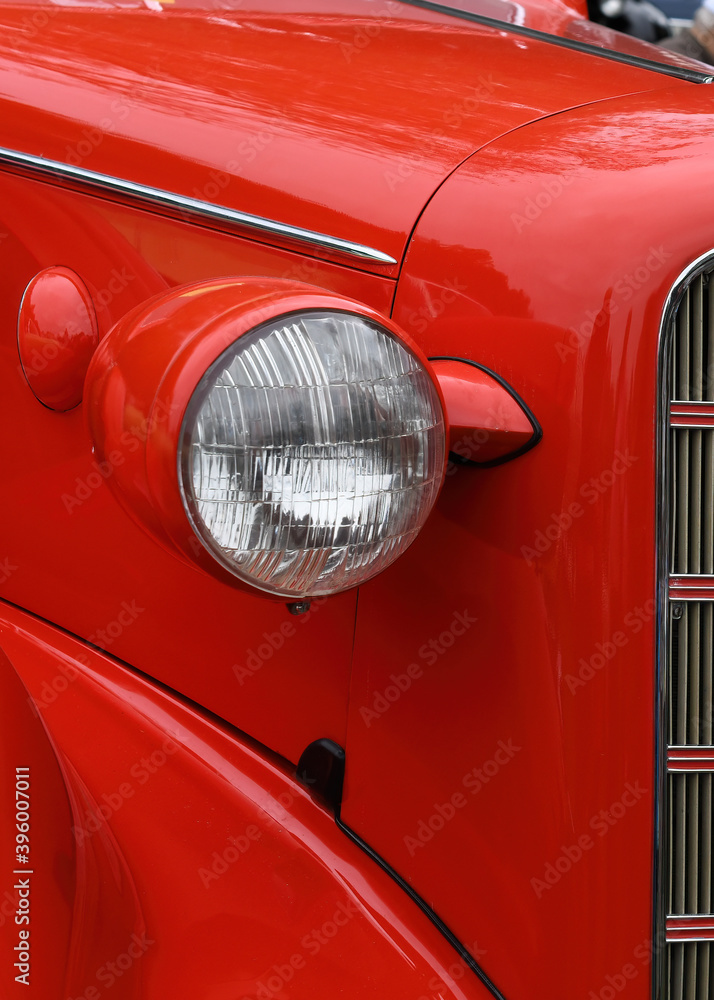 Front of an antique red firetruck