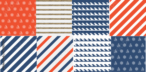 Eight nautical style seamless pattern set