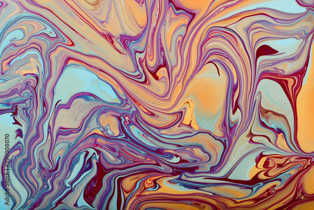 Naklejka premium Multicolored marble background in muted colors.Mixed nail polishes,make up concept.Beautiful stains of liquid nail laquers.Fluid art,pour painting technique.Can be used as backdrop for chat.