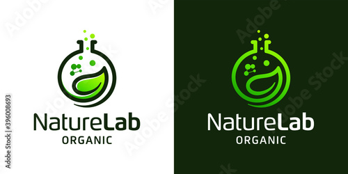 Nature leaf lab with molecule logo design inspiration template