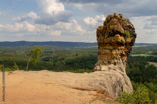 Sandstone formation "Capska palice" (The Maul of Cap hill") in forests of Kokorinsko Protected Landscape area, Czech republic. 