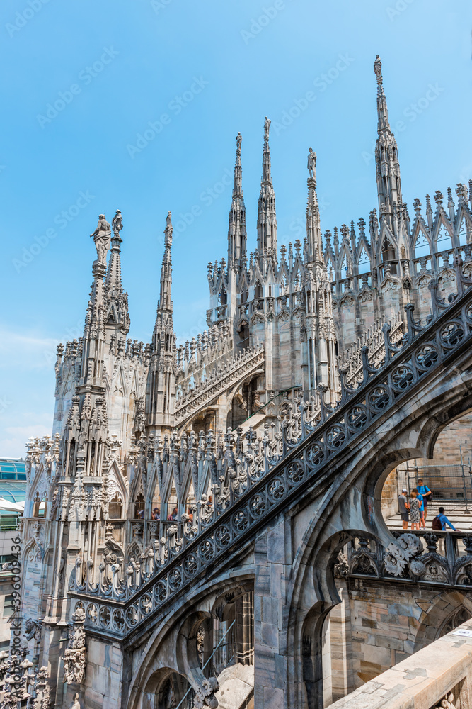 The rooftop terrace of Duomo di Milano Cathedral. Milano, Italy.