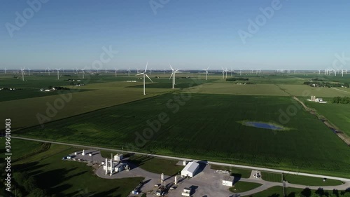 Farm and Wind Turbine Generators Rural Illinois Drone Aerial View