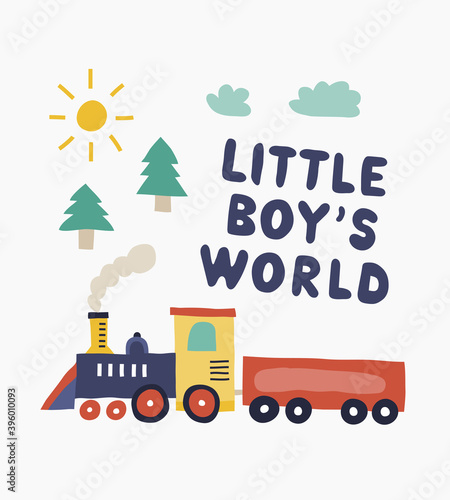Little boy world hand-drawn cute colorful kid train print poster