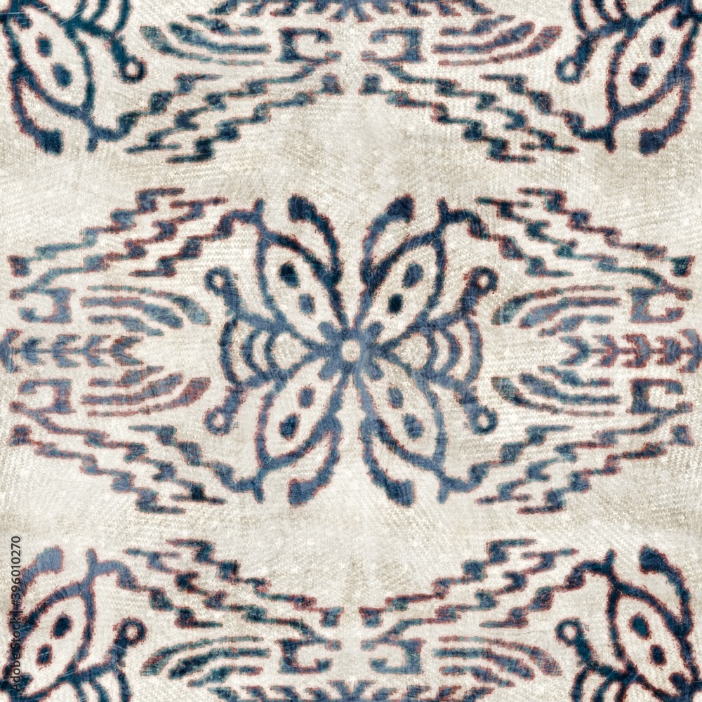 Seamless grungy tribal ethnic tapestry rug motif pattern. High quality illustration. Distressed old looking native style design in faded colors. Old artisan textile seamless pattern. Seamless grungy tribal ethnic tapestry rug motif pattern. High quality illustration. Distressed old looking native style design in faded colors. Old artisan textile seamless pattern.