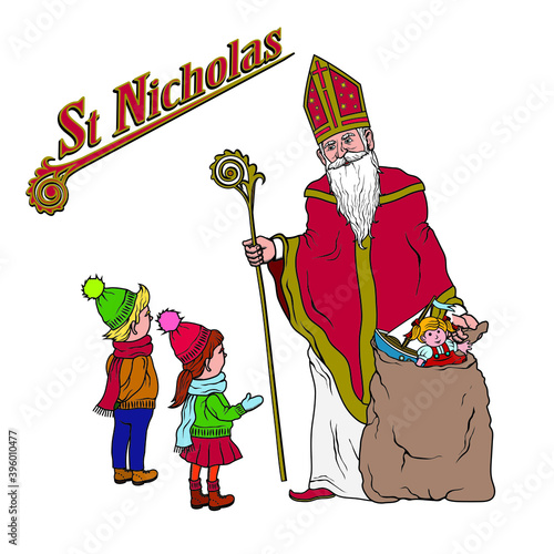 vector illustration of saint nicholas with children
