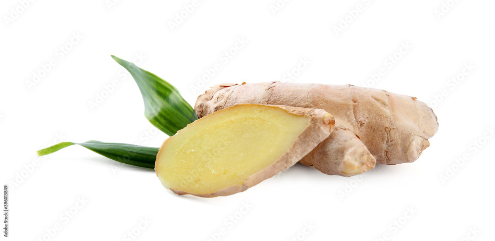 Whole and cut fresh ginger with leaves isolated on white background Whole and cut fresh ginger with leaves isolated on white background