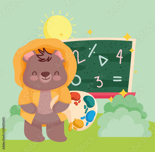 back to school, cute bear with chalkboard and palette color cartoon
