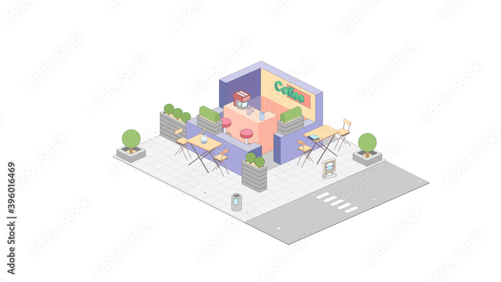 Isometric cafe on white background. Coffee shop building in isometric projection.