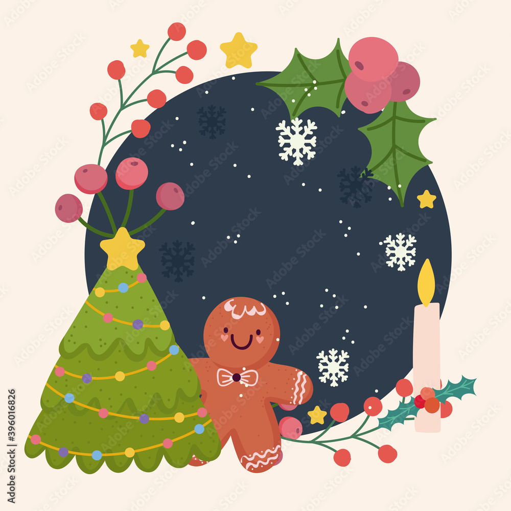Obraz premium merry christmas gingerbread man tree snowflakes candle decoration frame