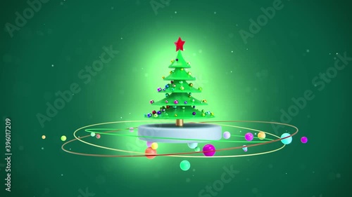 Stylized Christmas tree with red star and colorful balls on green background 3d render animation.Rotation tree with mixed festive colorful forms.