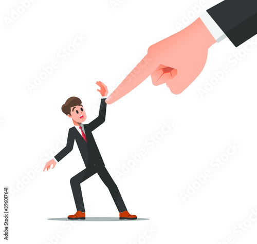 Large index finger points towards a male employee