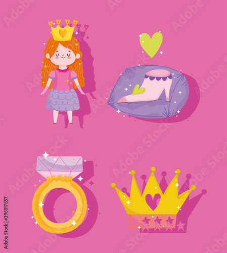 princess shoe ring and crown cartoon icons set