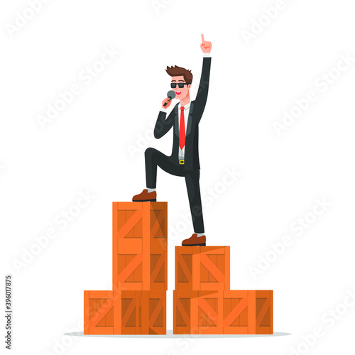 A confident businessman acting like a superstar