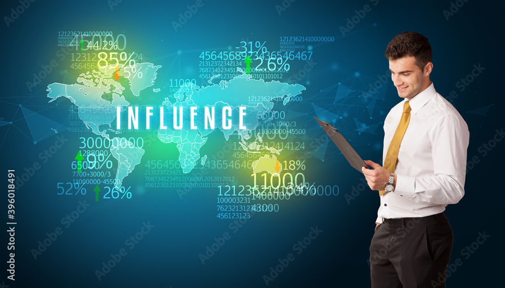 Businessman in front of a decision with INFLUENCE inscription, business concept Businessman in front of a decision with INFLUENCE inscription, business concept