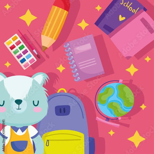 back to school, cute raccoon backpack book map pencil cartoon