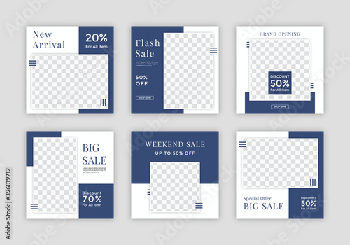 Minimalist social media post template for instagram ad. Design with blue and white color. Web banner square for promotion.