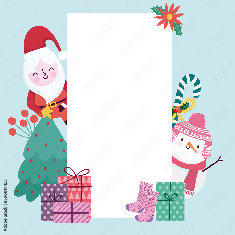 Fototapeta premium merry christmas greeting card cute santa snowman gifts and holly berry