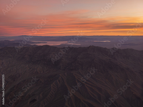 Aerial sunrise view of mountains near Las Vegas  Nevada