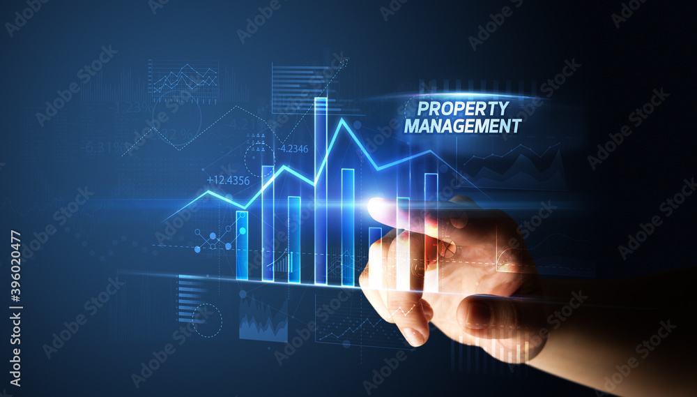 Hand touching PROPERTY MANAGEMENT button, business concept Hand touching PROPERTY MANAGEMENT button, business concept