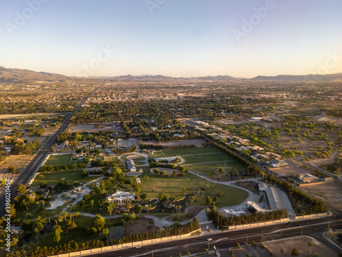 Aerial view of residential area and park of Las Vegas  Nevada with clear skies