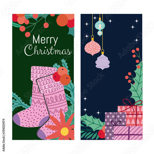 merry christmas stocking flower balls and gifts banner