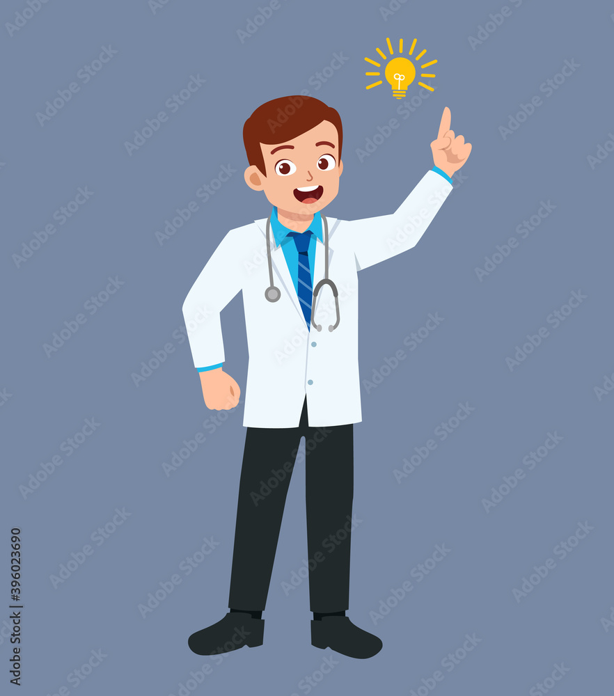 nice good looking young doctor standing with light bulb sign