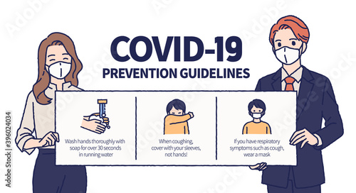 Coronavirus COVID-19 preventions guideline. 
3 effective ways to prevent COVID-19 in flat style, including wearing face masks, washing hands, and When coughing cover with your sleeves