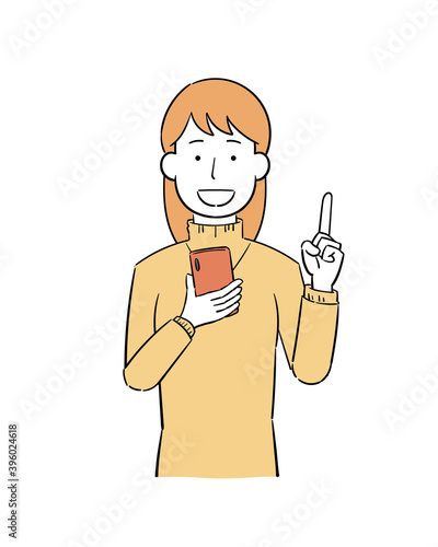 スマートフォンを持って説明をする女性