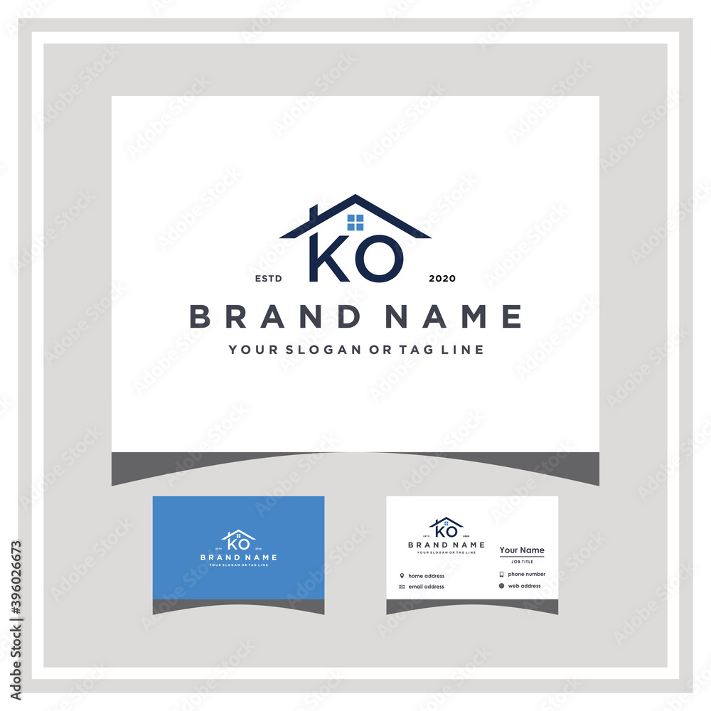 letter KO roof logo design and business card vector - obrazy, fototapety, plakaty 