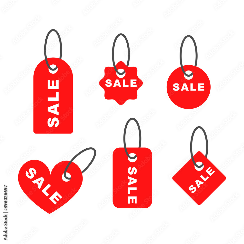 Sale tag set, price tags in different shapes, set of labels, red isolated on white background, vector illustration.