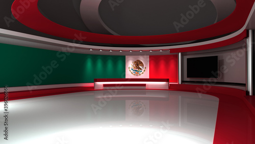 Fototapeta Naklejka Na Ścianę i Meble -  Mexico flag . TV studio. Mexico flag background. Mexico flag studio. News studio. The perfect backdrop for any green screen or chroma key video or photo production. 3d render. 3d
