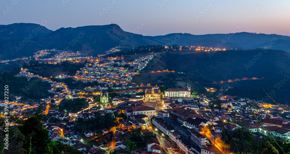 Travel bucket list . Ouro Preto , Brazil. Spectacular night  panoramic view of historic city in Minas Gerais.