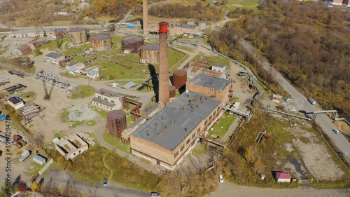 Boiler room and pipe starting to smoke filmed on a drone