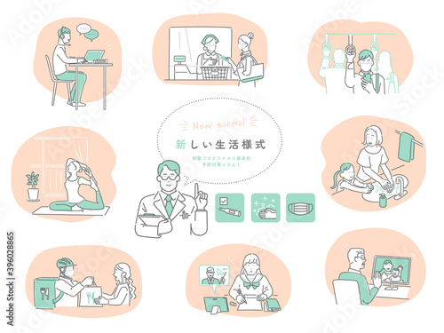 コロナによる新しい生活様式　自宅や屋外で過ごす時のライフスタイル・イラストセット素材