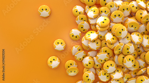 3d rendering of a lot of emojis with protective masks glossy pills over orang background