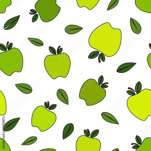 Green apple and dark green leaves seamless pattern, black outline cartoon vector illustration over white background