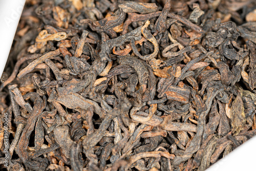 Chinese bulk extruded tea ripe pu er, macro picture
