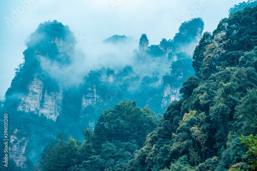 Amazing landscape of mountain and forest in the foggy at Wulingyuan, Hunan, China. Wulingyuan Scenic and Historic Interest Area which was designated a UNESCO World Heritage Site in China © Nhan