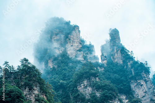 Amazing landscape of mountain and forest in the foggy at Wulingyuan  Hunan  China. Wulingyuan Scenic and Historic Interest Area which was designated a UNESCO World Heritage Site in China