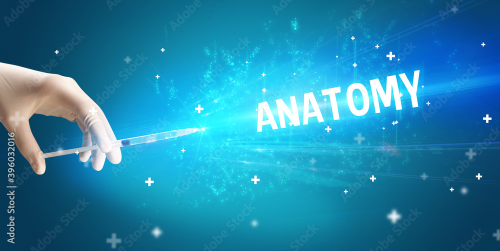 Syringe, medical injection in hand with ANATOMY inscription, medical antidote concept Syringe, medical injection in hand with ANATOMY inscription, medical antidote concept