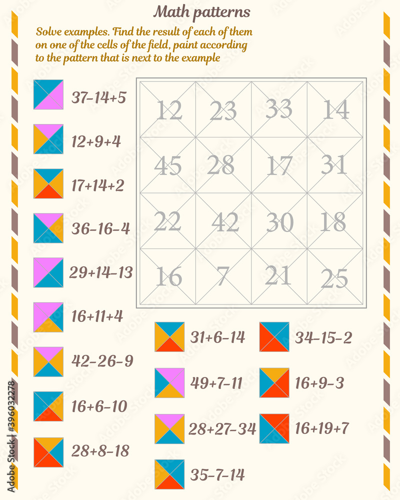 Mathematical patterns. Worksheet. Solve examples. Find the result of ...