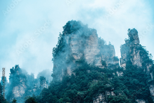 Mountains and forests shimmering in the mist at Wulingyuan   Zhangjiajie national park  Hunan Province  China