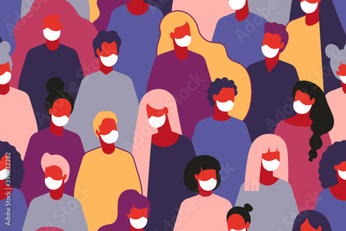 people in  medical face mask. Concept of coronavirus quarantine seamless pattern flat vector. Coronavirus covid pattern.poster masked society epidemic time for social media, blogs, banners, networking