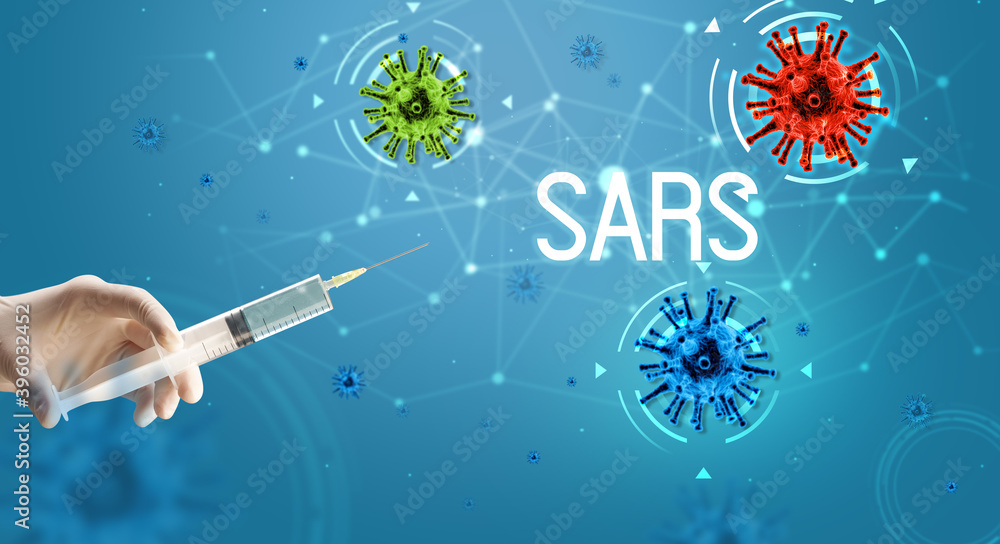 Syringe, medical injection in hand with SARS inscription, coronavirus vaccine concept Syringe, medical injection in hand with SARS inscription, coronavirus vaccine concept